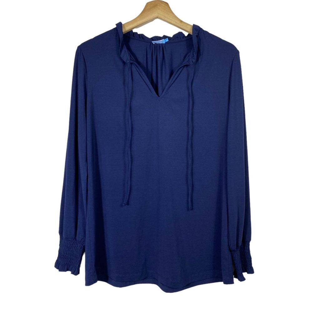 J. McLaughlin Top Sz S Blue Ruffle Smocked Bishop Sleeve Stretch V-Neck Office